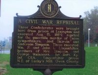 Sign in Williamstown, Kentucky regarding Joel Skirvin's murder by Civil War Confederate Guerillas
